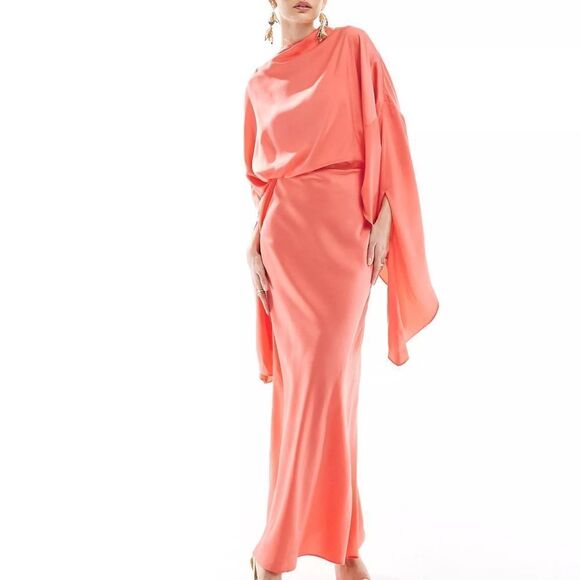 ASOS DESIGN satin overlay detail maxi dress in coral Size 8 NWT in packaging - Picture 1 of 7